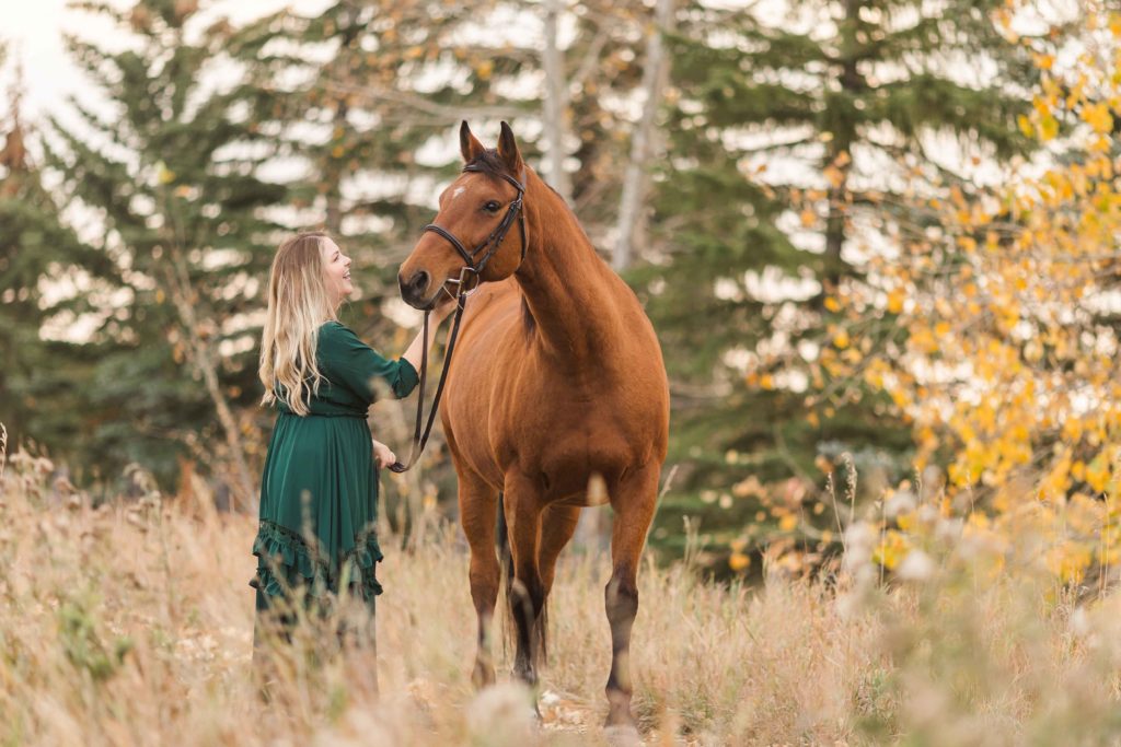 Fall Calgary Equine Session - featuring stunning dresses with horse and rider